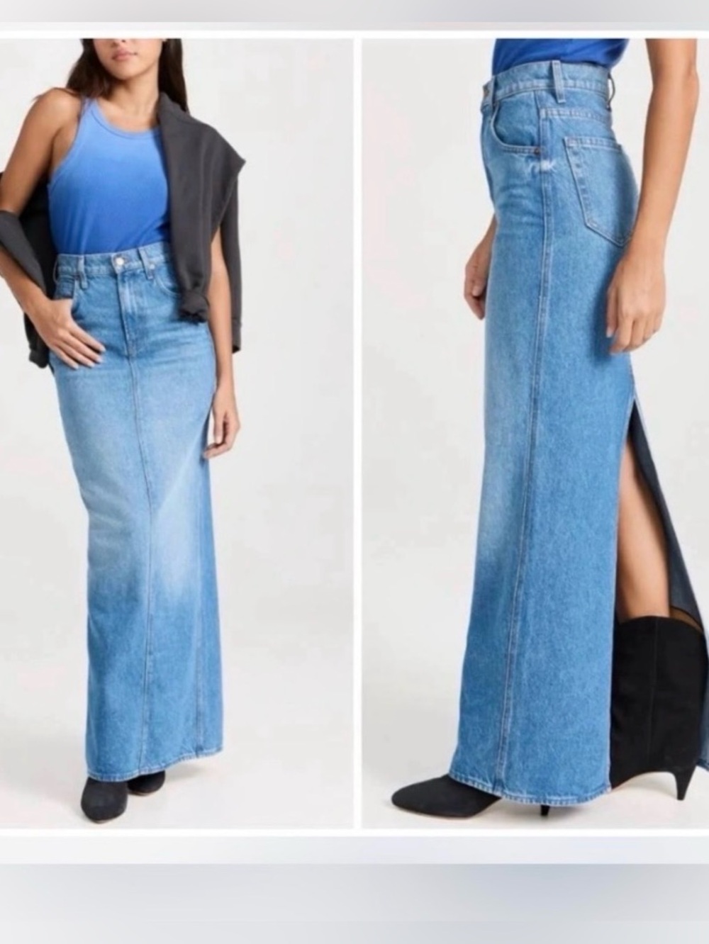NWT MOTHER SNACKS The Candy Stick Maxi Denim Jean Skirt Back Slit 28 MSRP $238